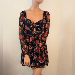 Altar'd State Black Floral Long Sleeve Mini Dress, Small